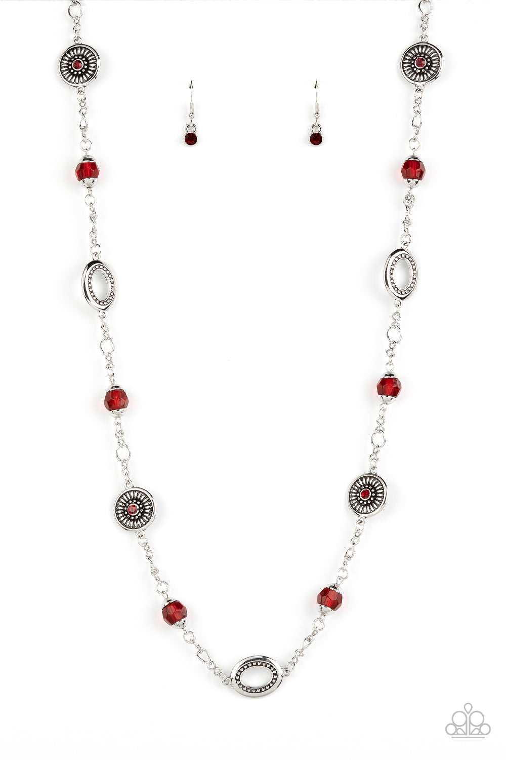 Glammed Up Goals - Red and Silver Fashion Necklace - Paparazzi Accessories - Red beads capped in silver accents and antiqued silver medallions dotted with red rhinestone centers and radiating texture alternate with sections of silver chain creating a charismatic allure across the chest. 