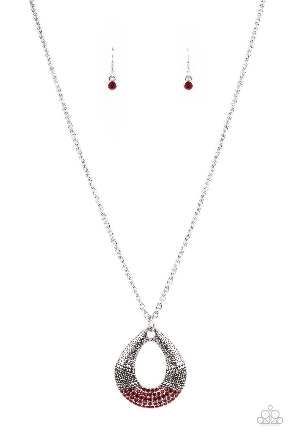 Glitz and Grind - Fiery Red and Silver Necklace - Paparazzi Accessories - Studded and embossed in bands of texture, the bottom of a hammered silver teardrop is encrusted in fiery red rhinestones, creating a glitzy pendant at the bottom of a lengthened silver chain stylish necklace. Features an adjustable clasp closure.