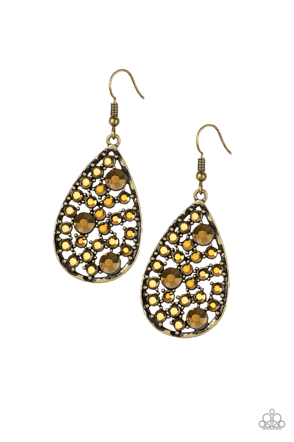 GLOW With The Flow - Brass Fashion Earrings - Paparazzi Accessories - Varying in size, glittery aurum rhinestones are sprinkled along a studded brass teardrop for an edgy, yet glamorous look. Earring attaches to a standard fishhook fitting. Sold as one pair of earrings.