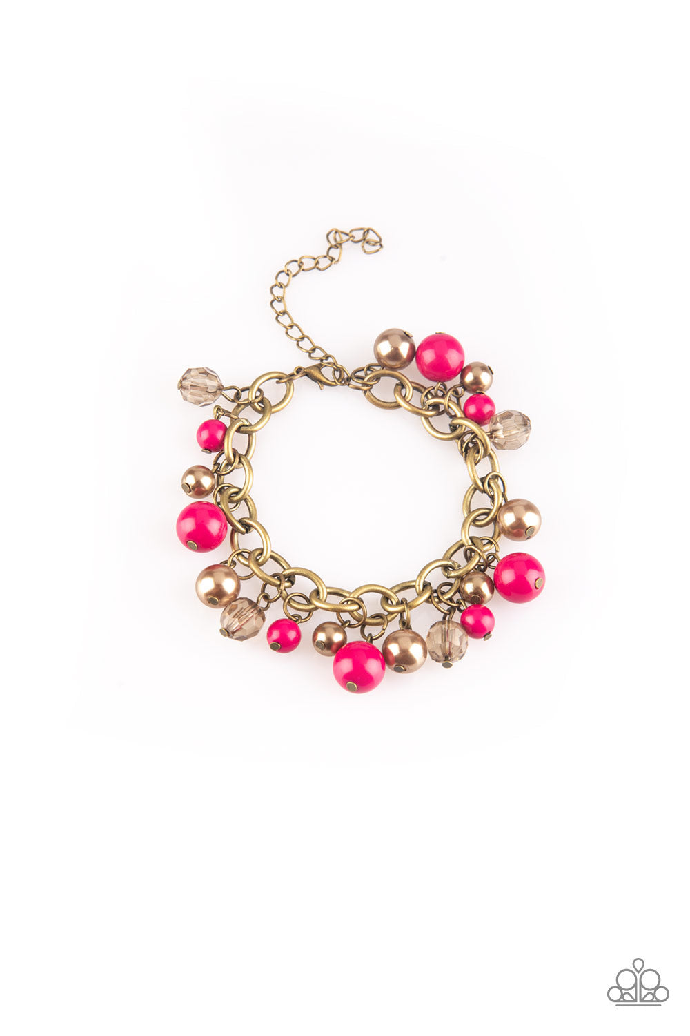 Grit and Glamour - Pink and Brass Bracelet - Paparazzi Jewelry  - Bejeweled Accessories By Kristie - Pearly brass, polished pink, and glittery crystal-like beads swing from a bold brass chain, creating a refined fringe around the wrist. Features an adjustable clasp closure fashion bracelet.