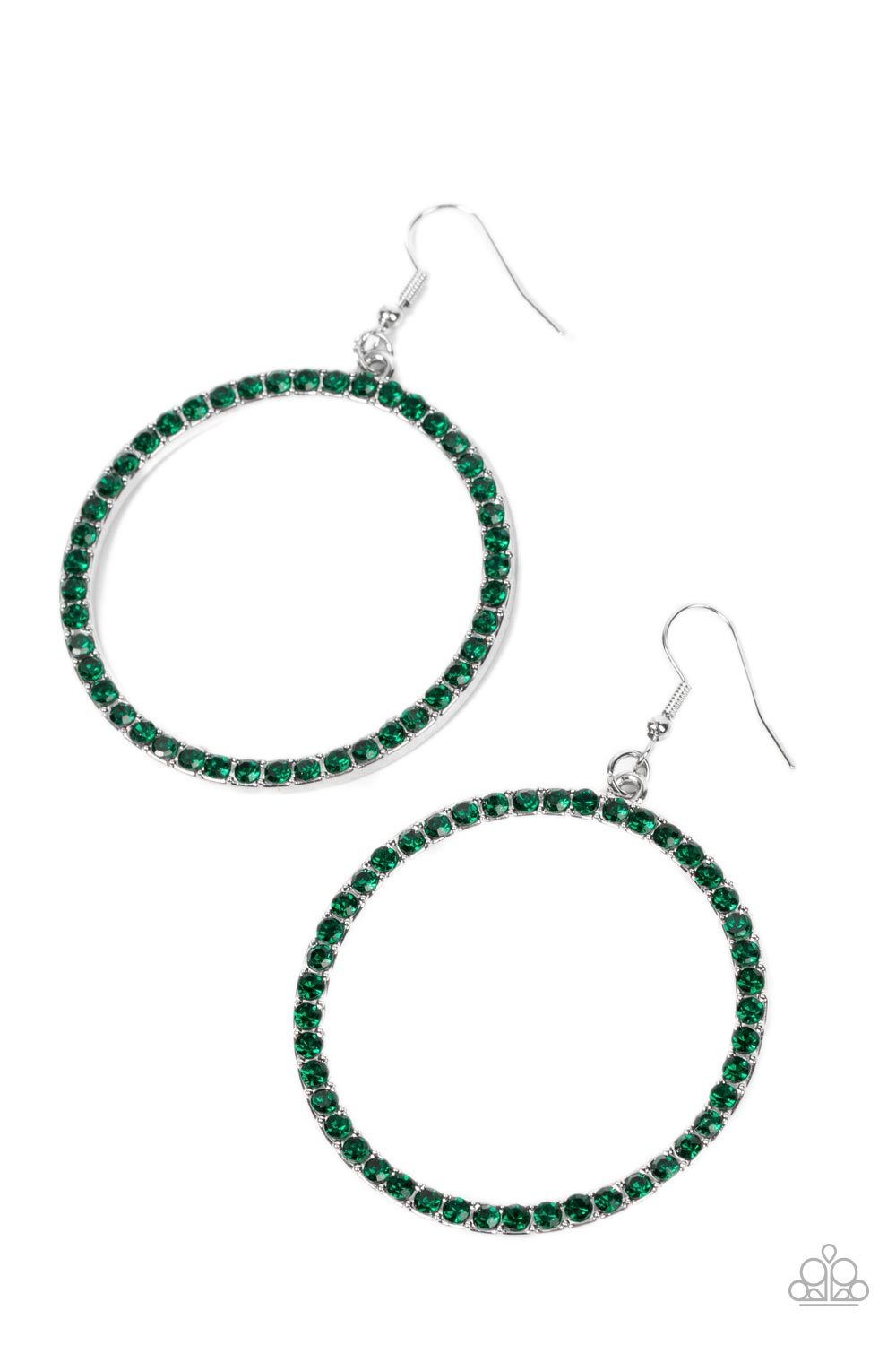 Head-Turning Halo - Glitzy Green and Silver Earrings - Paparazzi Accessories - The front of an oversized silver ring is encrusted in glitzy Leprechaun rhinestones, resulting in a head-turning fashion hoop earrings. Earring attaches to a standard fishhook fitting. 