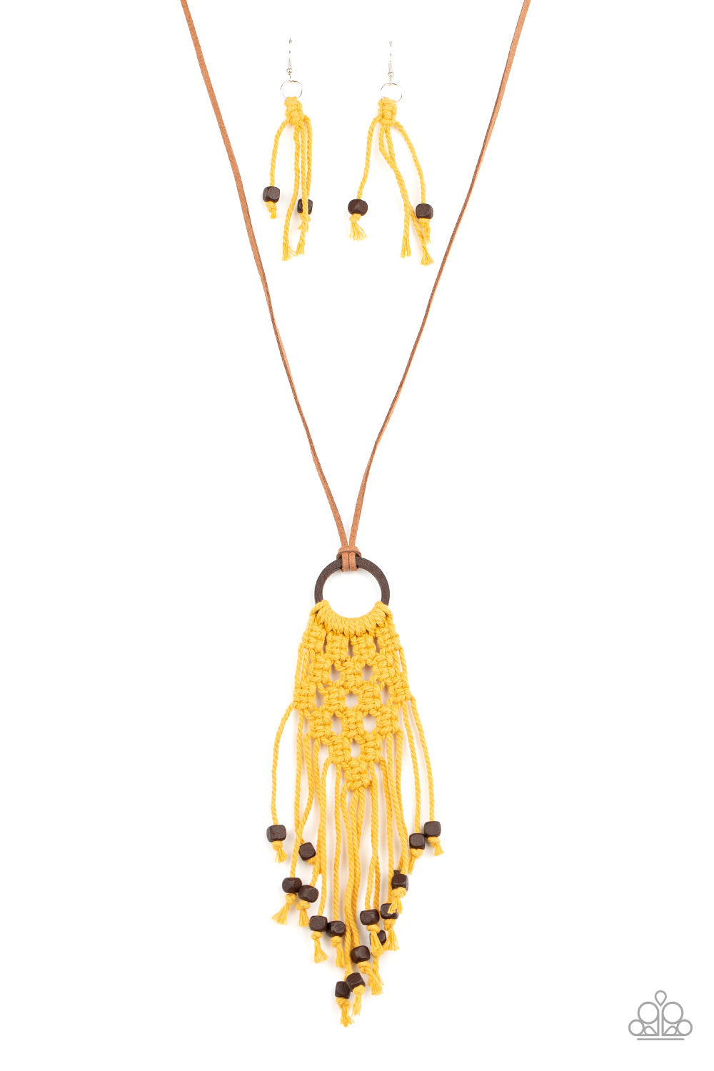 Its Beyond MACRAME! - Yellow and Brown Wood Trendy Necklace - Paparazzi Accessories - Square wooden beads are knotted at the ends of golden yellow twine-like cording that braids and weaves around a wooden hoop, creating an earthy macramé pendant at the bottom of a dainty piece of brown suede. Features an adjustable knotted closure. Sold as one individual necklace.