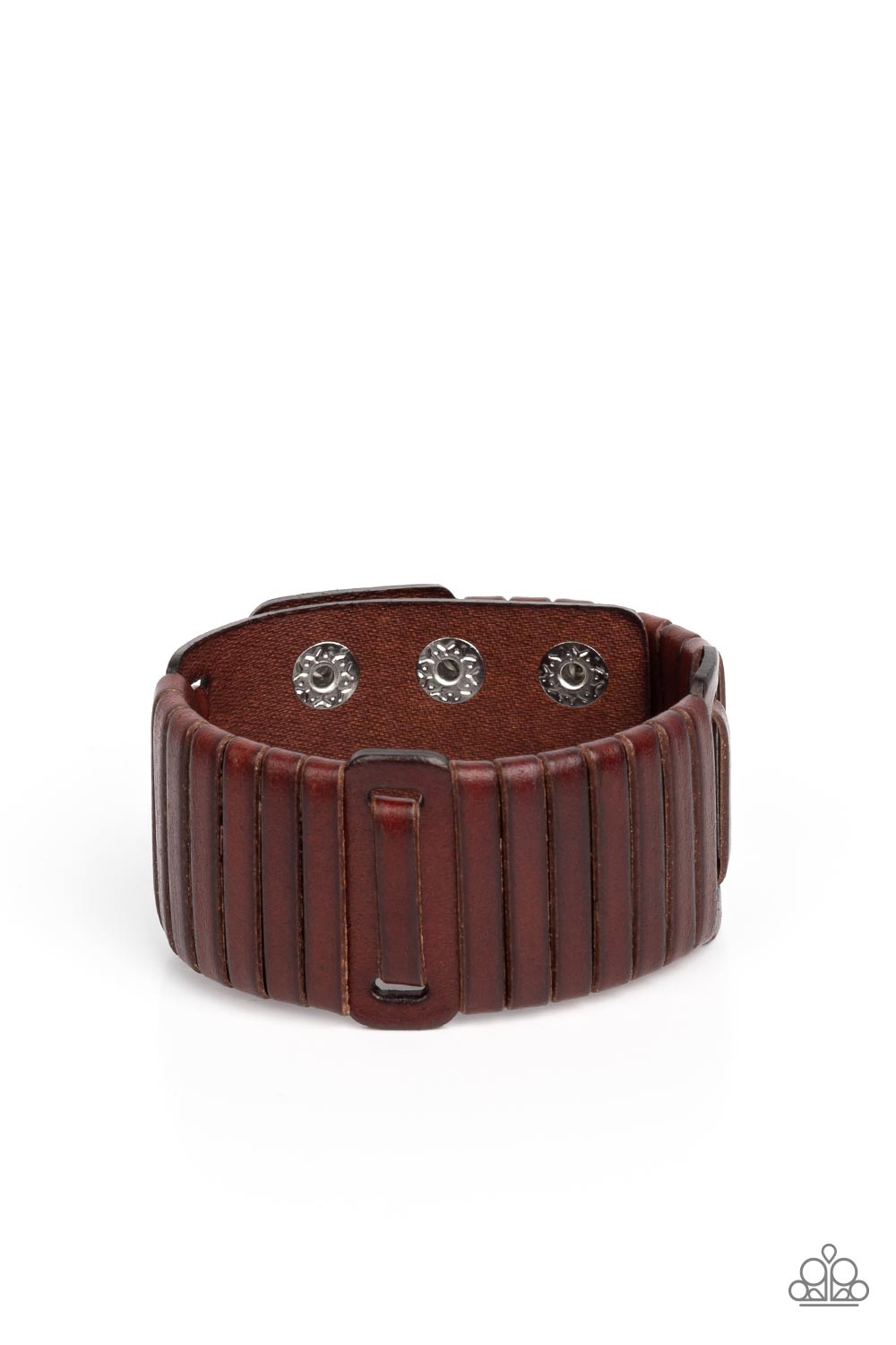 Leather Lumberyard - Brown Urban Bracelet - Paparazzi Accessories - A brown leather lace is wrapped around and through a thick brown leather band, resulting in a rugged centerpiece around the wrist. Features an adjustable snap closure.
