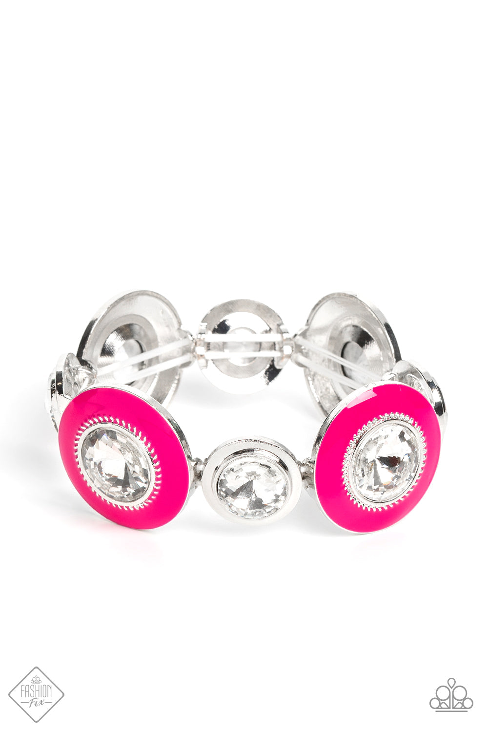 Lustrous Lass - Pink and Silver Bracelet - Paparazzi Accessories - A collection of dramatically oversized and highly reflective white gems are encased in alternating frames of silver and pink, as they wrap around the wrist on a stretchy band. Each pink frame features subtle metallic detail, further emphasizing the sheen emitting from each element throughout the design. Sold as one individual bracelet.