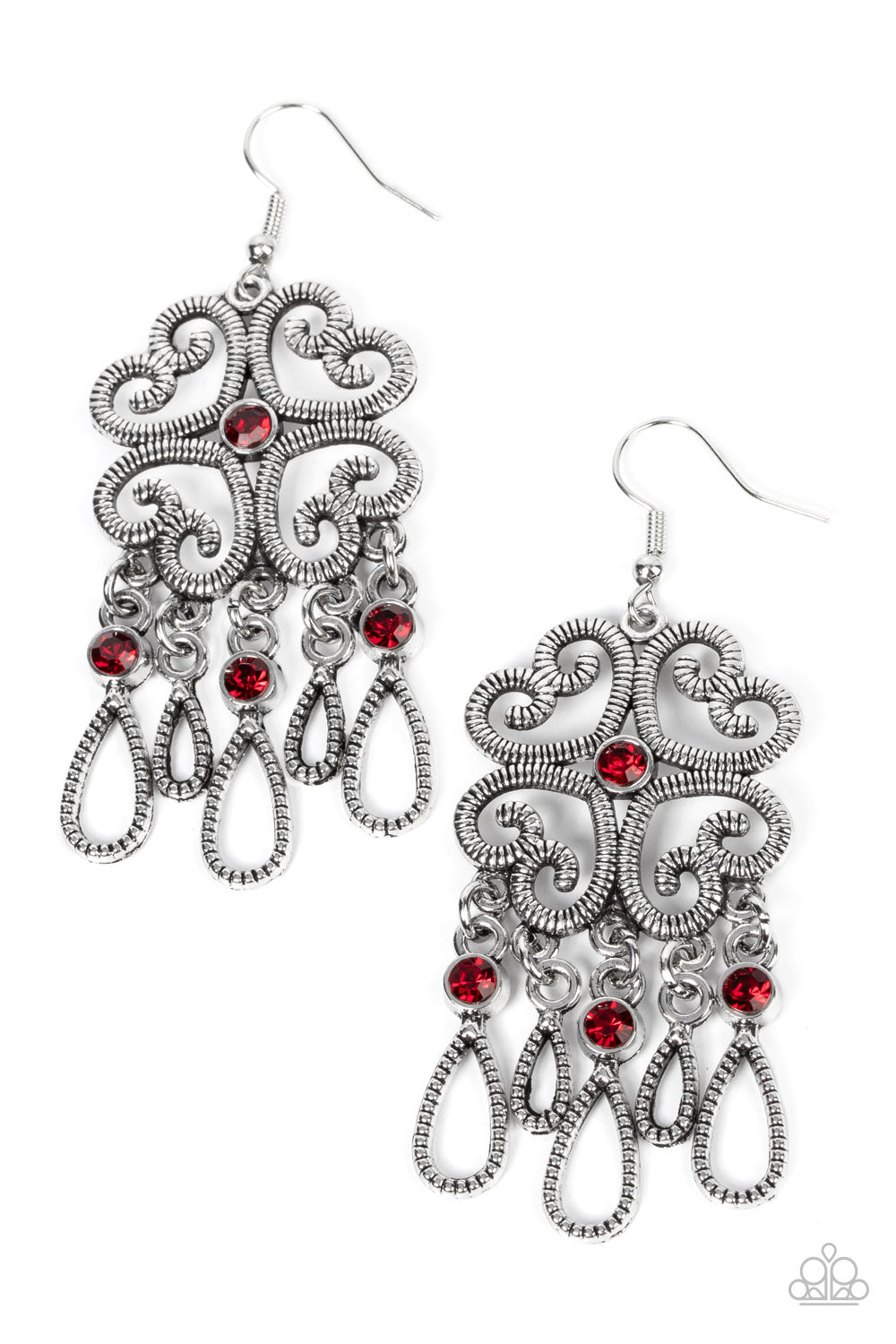 Majestic Makeover - Red and Silver Earrings - Paparazzi Accessories - Etched in linear texture, four whimsical hearts coalesce into an airy frame. A dainty red rhinestone dots the center while a flirty fringe of teardrop frames adorned with fiery red rhinestones sways below for an eye-catching finish. Earring attaches to a standard fishhook fitting.