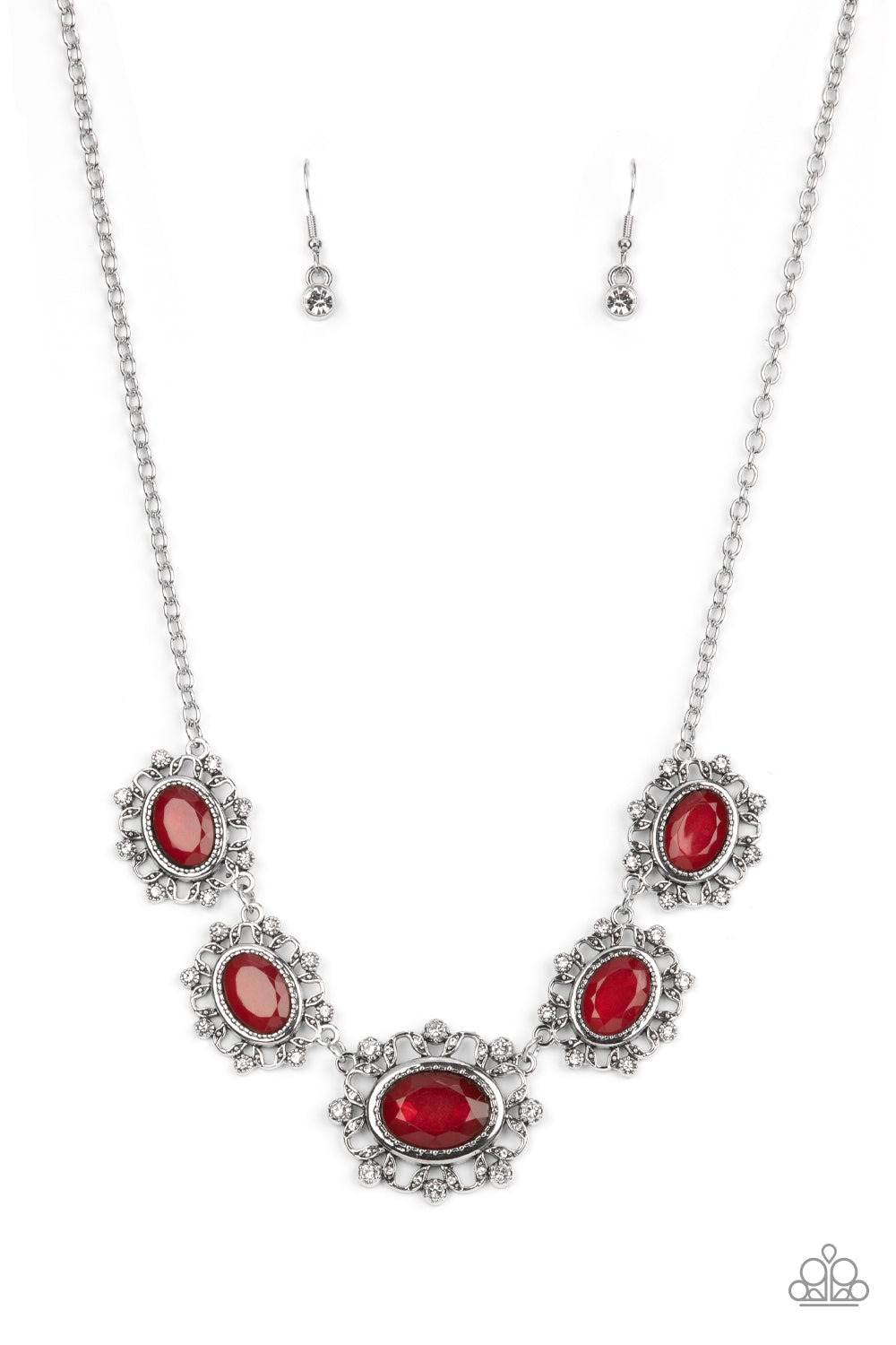 Meadow Wedding - Red and Silver Necklace - Paparazzi Accessories - Dotted with glassy white rhinestones, leafy silver frames gather around glassy Fire Whirl gems as they link below the collar, creating a dreamy display. Features an adjustable clasp closure. Sold as one individual necklace.