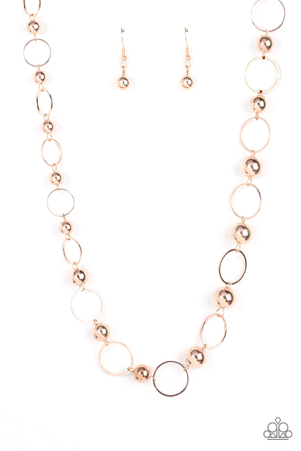 Metro Milestone - Gold Necklace - Paparazzi Accessories - Gradually increasing in size, a glistening collection of rose gold beads and rose gold hoops alternate across the chest for a classic metallic fashion. Features an adjustable clasp closure. Sold as one individual necklace.