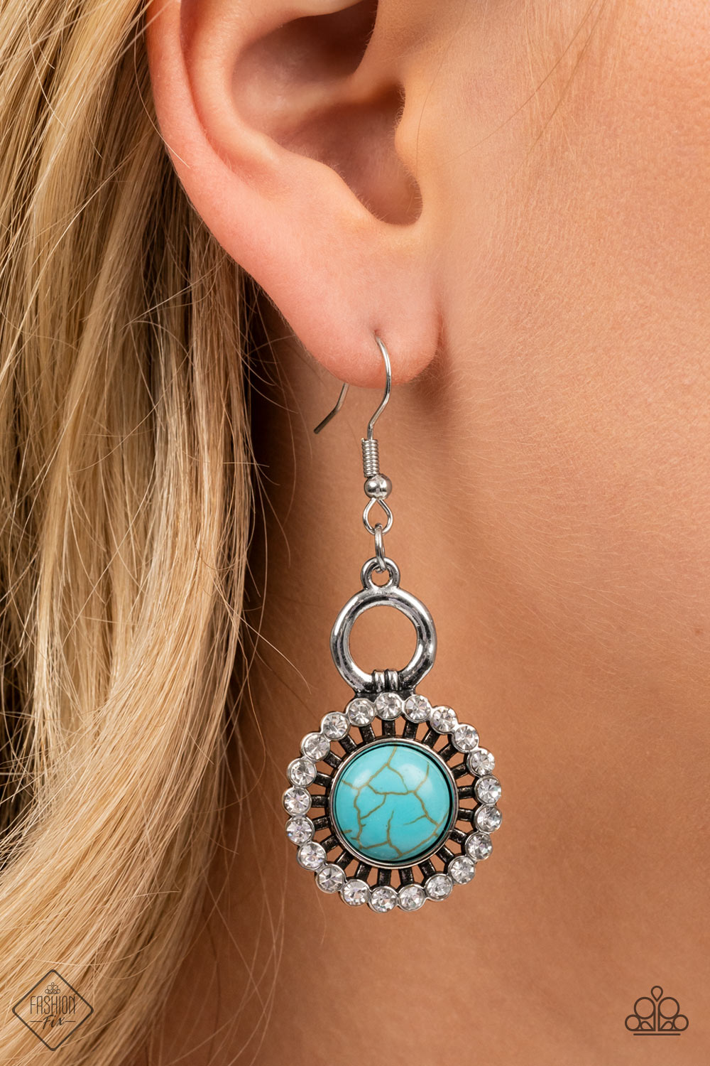 Mojave Mogul - Blue Turquoise and Silver Fashion Earrings - Paparazzi Accessories - Dainty circle of glassy white rhinestones fans out from a turquoise stone center, creating artisan inspired sparkle. Earring attaches to a standard fishhook fitting.