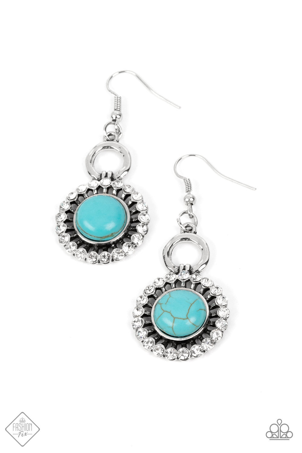 Mojave Mogul - Blue Turquoise - Silver Fashion Earrings - Paparazzi Accessories - Dainty circle of glassy white rhinestones fans out from a turquoise stone center, creating artisan inspired sparkle. Earring attaches to a standard fishhook fitting.