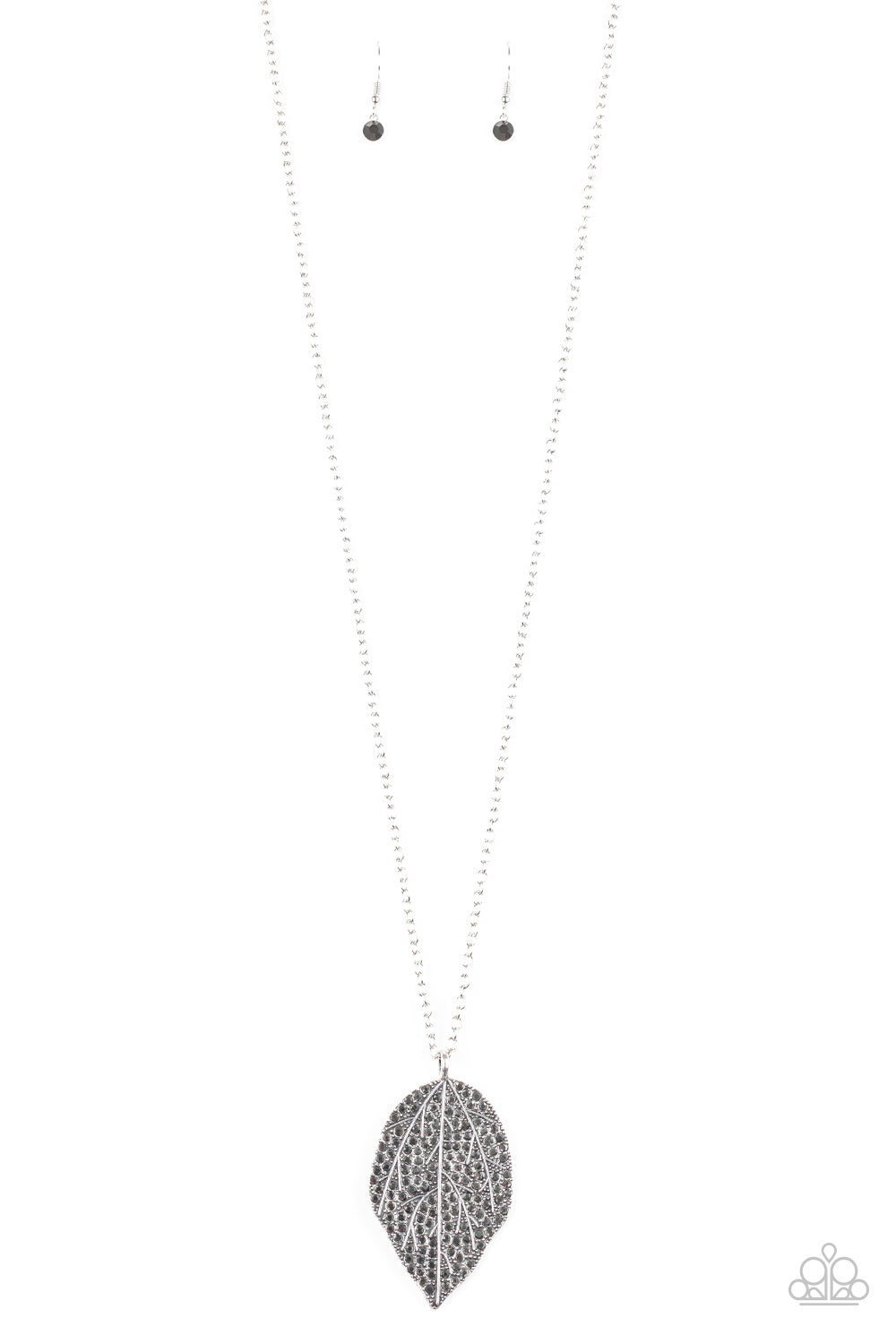 Natural Re-LEAF - Silver - Hematite Necklace - Paparazzi Accessories - Featuring lifelike patterns, a hematite rhinestone encrusted silver leaf swings from the bottom of a lengthened silver chain, creating an edgy pendant. Features an adjustable clasp closure.