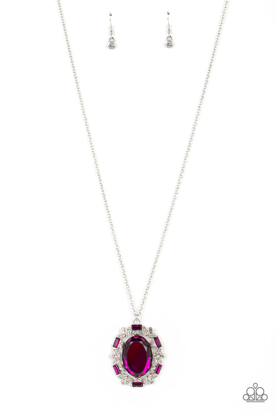 Noble Reflection - Pink and Silver Necklace - Paparazzi Accessories - A dramatically oversized fuchsia oval gem takes on a mirror-like sheen as it swings from the bottom of a long silver chain. Fuchsia emerald-cut and dainty, round white rhinestones create an airy frame that wraps around the reflective centerpiece, scattering light in every direction in a blinding finish. Features an adjustable clasp closure. Sold as one individual necklace.