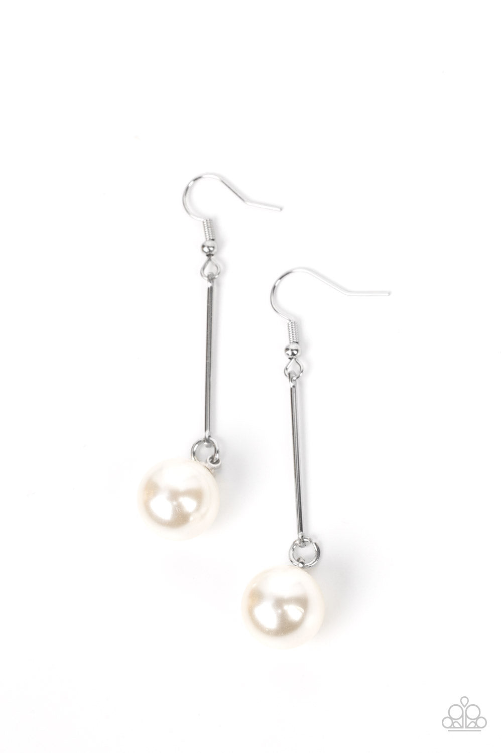 Pearl Redux - White Pearl - Silver Earrings - Paparazzi Accessories - An oversized white pearl delicately links to the bottom of a sleek silver rod, adding a timeless twist to the classic pearl palette.