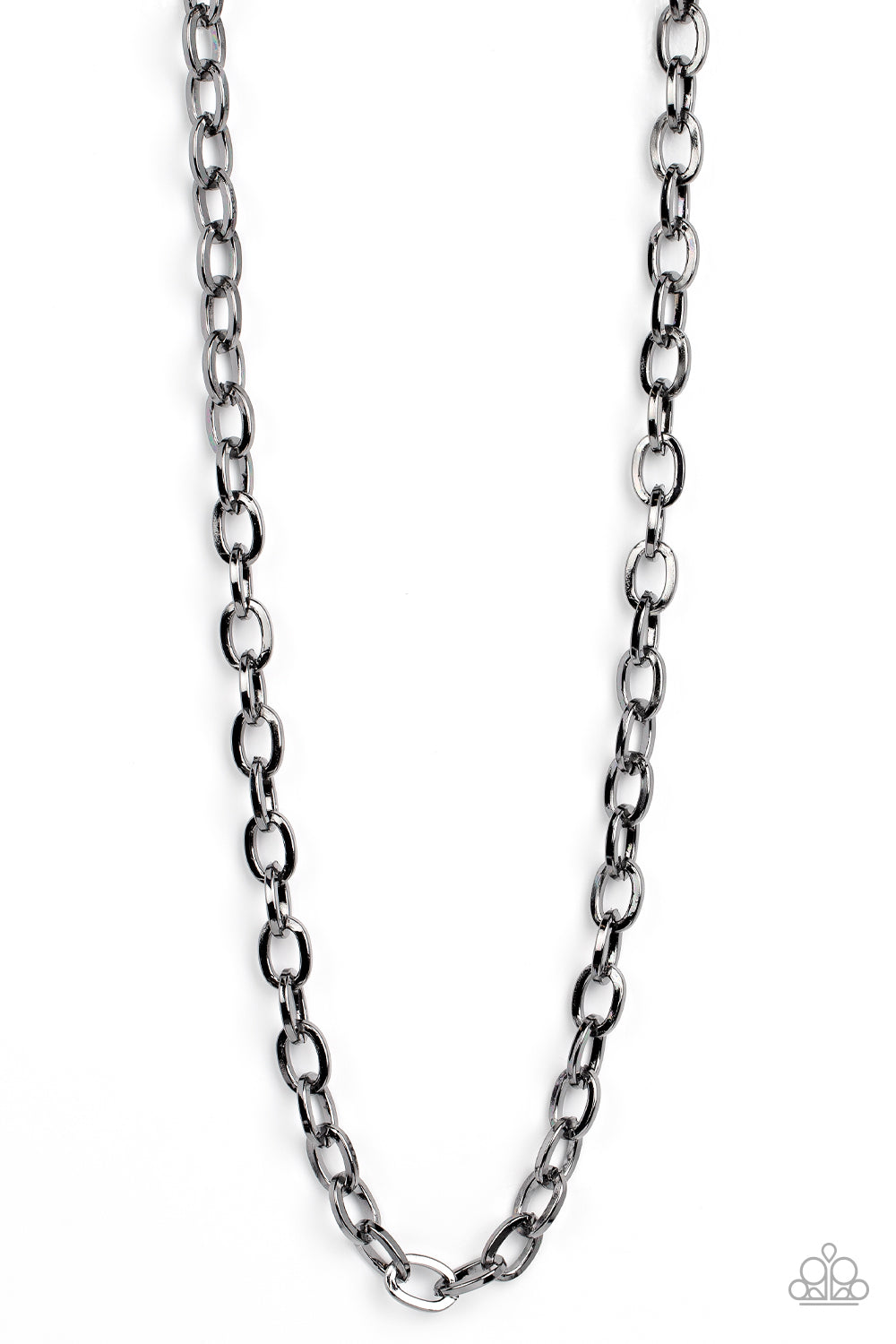 Player of the Year - Black Mens Necklace - Paparazzi Accessories - A dramatically oversized collection of oval gunmetal links boldly interlock across the chest, resulting in an intense industrial centerpiece.