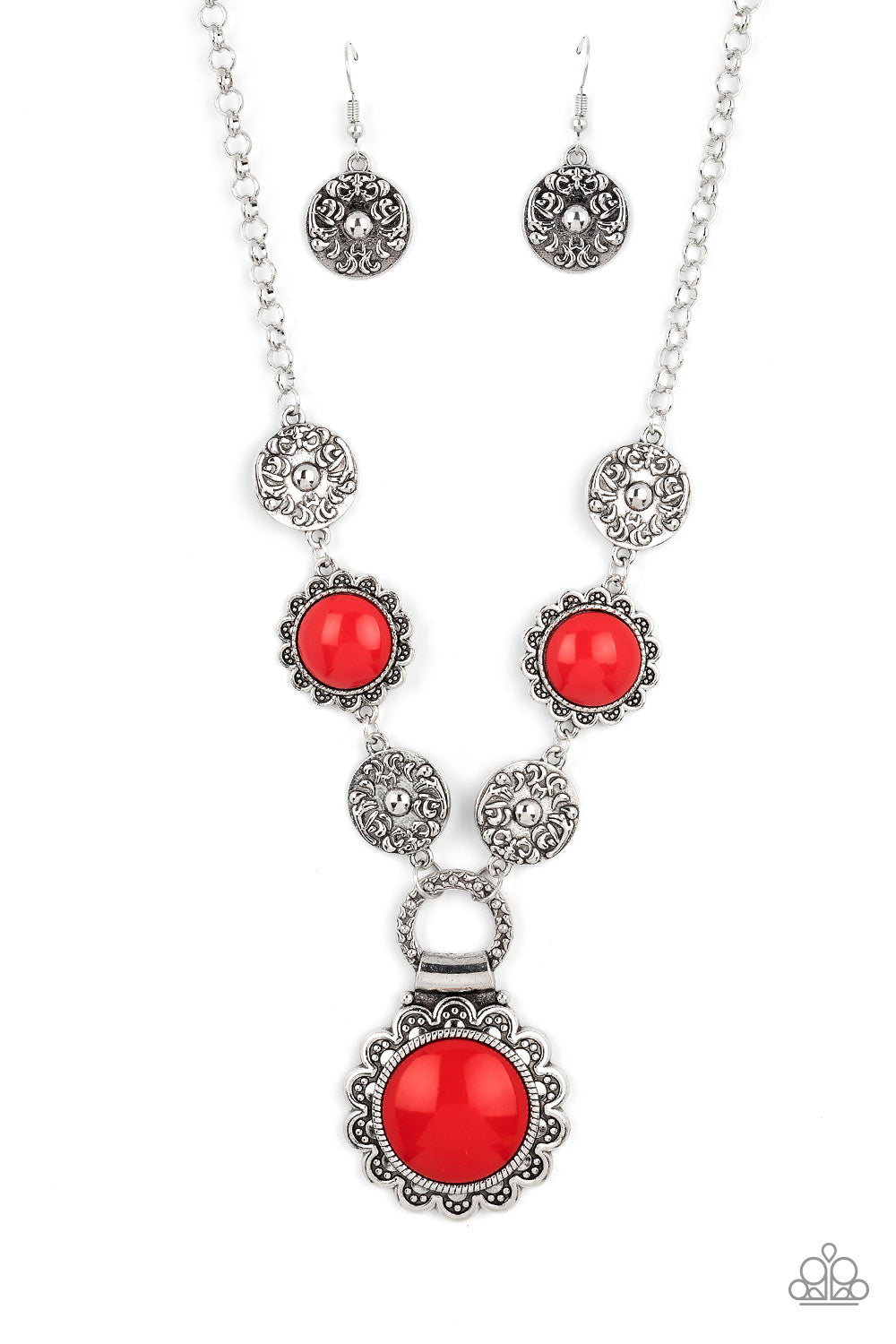 Poppy Persuasion - Red and Silver Necklace - Paparazzi Accessories - Shiny oversized red beads are wrapped in floral-inspired frames of silver, filled with studded texture. Silver discs embossed in a filigree motif alternate with the vibrant beads as they link along the collar, with a larger version of the red accents dropping below to create a whimsical pendant. Features an adjustable clasp closure.