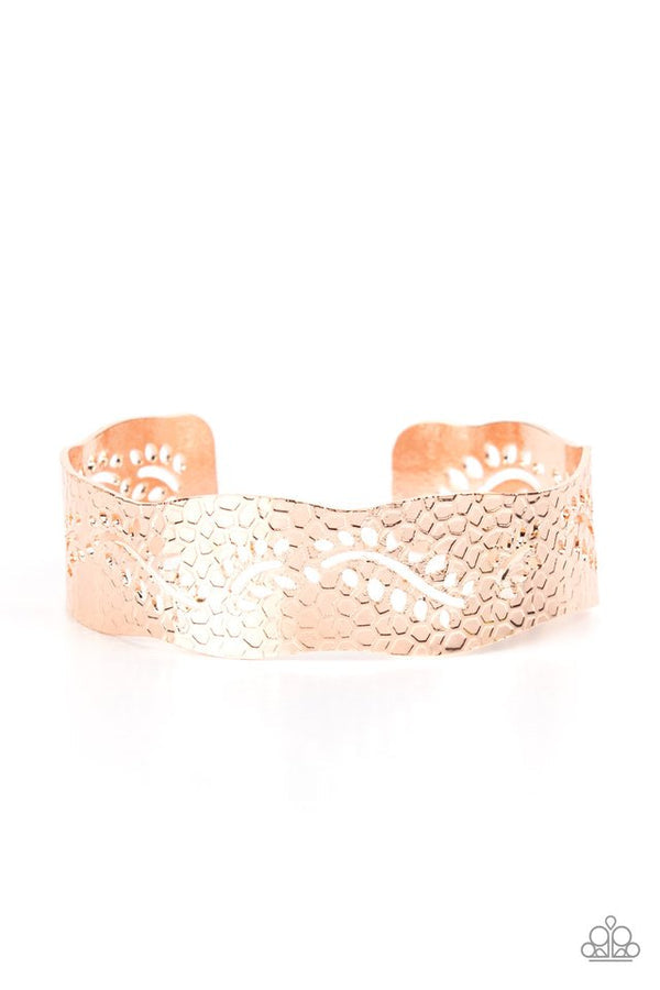 Savanna Oasis - Rose Gold Cuff Bracelet - Paparazzi Accessories - A wavy rose gold cuff is elegantly embossed in an abstract honeycomb texture and stenciled in airy leafy patterns, resulting in a shimmery seasonal centerpiece. Sold as one individual bracelet. 