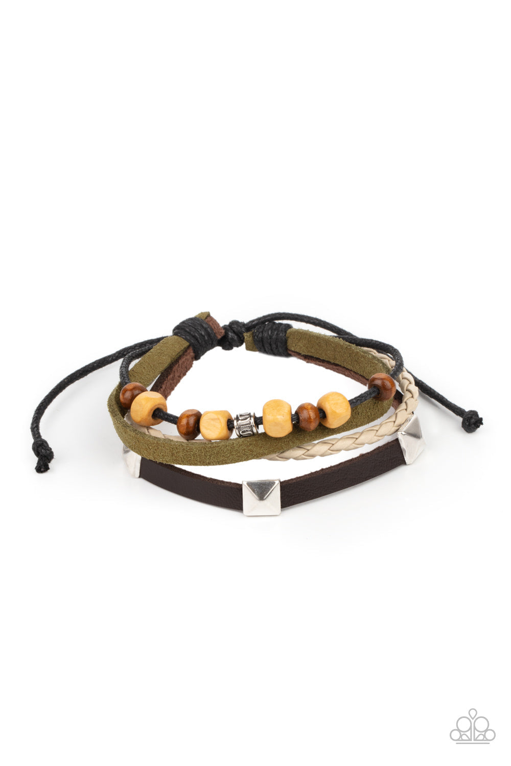 Solo Climb - Black Leather - Green and Brown Suede Bracelet - Paparazzi Accessories - Infused with mismatched metal and wooden accents, rows of green and brown suede and leather cords layer across the wrist for a rugged look. Features an adjustable sliding knot closure.