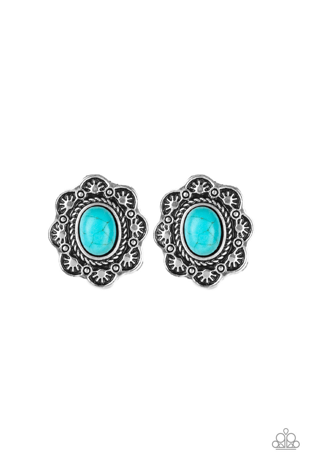 Springtime Deserts - Blue Turquoise and Silver Post Earrings - Paparazzi Accessories - A refreshing turquoise stone is pressed into a silver floral frame radiating with sunburst patterns for a rustic look. Earring attaches to a standard post fitting. Sold as one pair of post earrings.