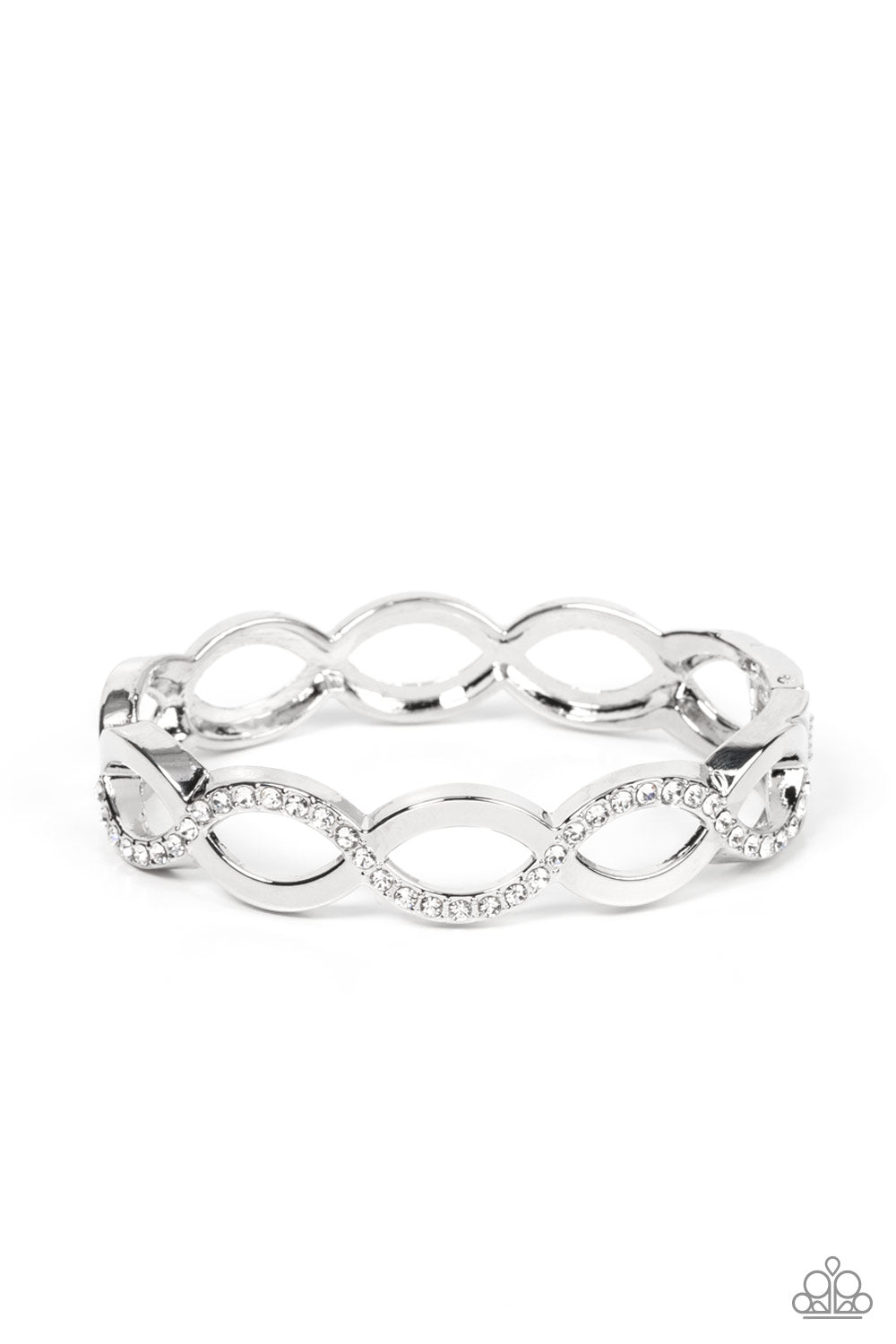 Tailored Twinkle - White and Silver Hinged Closure Bracelet - Paparazzi Accessories - Silver bars intertwine into infinity frames that delicately hinge around the wrist. The front of the flawless centerpiece is dusted in a wavy row of white rhinestones, adding a timeless twinkle to the versatile design. Features a hinged closure.