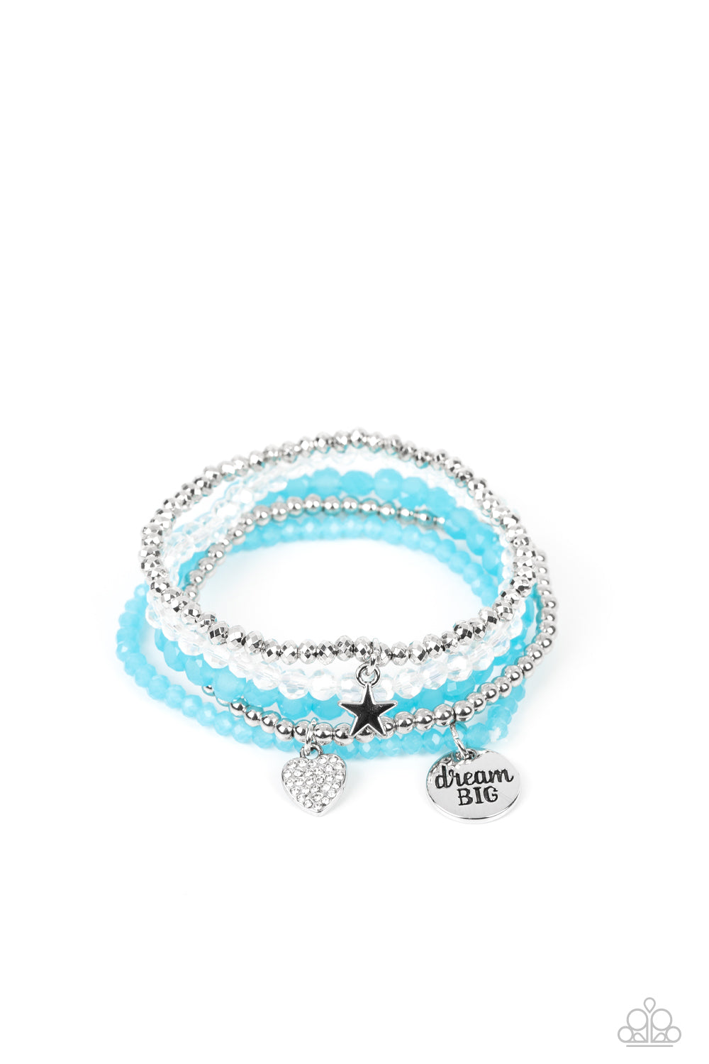 Teenage DREAMER - Blue and Silver Bracelet - Paparazzi Accessories - The reflective, blue-beaded bracelet features a silver pendant with the phrase "dream BIG" stamped on it, while a defaced, silver-beaded bracelet features a silver star charm. Hanging from smooth, silver beads, a heart charm embossed with white rhinestones adds a shimmery detail to the stack, resulting in a youthful, dreamy design. Sold as one individual bracelet.