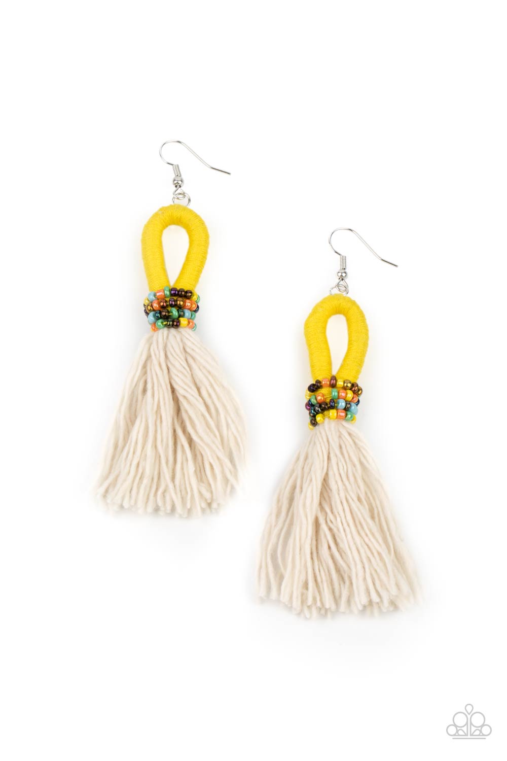 The Dustup - Yellow - Seed Beads - Tassel Earrings - Paparazzi Accessories - A tassel of soft white cotton fans out under rows of brightly colored seed beads. Anchored by a loop of vibrant yellow floss, the eye-catching style swings from the ear for a show-stopping statement.