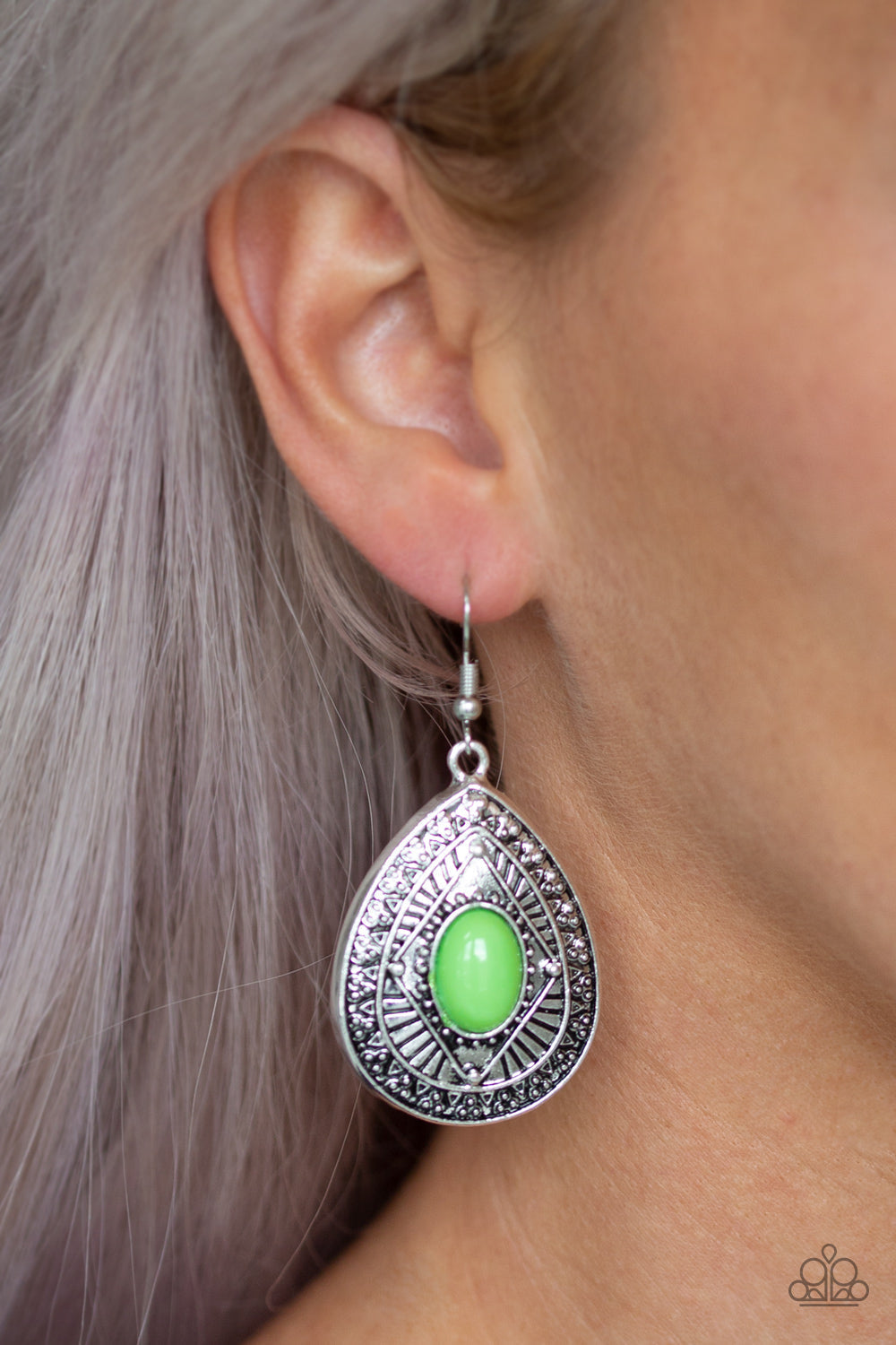 Tropical Topography - Green and Silver Fashion Earrings - Paparazzi Accessories - Energetic green bead pressed into the center of a shimmery silver teardrop. These fashion earrings are radiating with tribal inspired detail for an on-trend fashion.