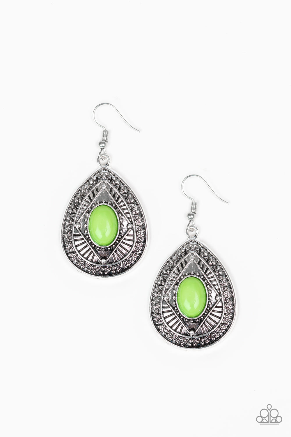 Tropical Topography - Green and Silver Earrings - Paparazzi Accessories - Energetic green bead pressed into the center of a shimmery silver teardrop. These fashion earrings are radiating with tribal inspired detail for an on-trend fashion.