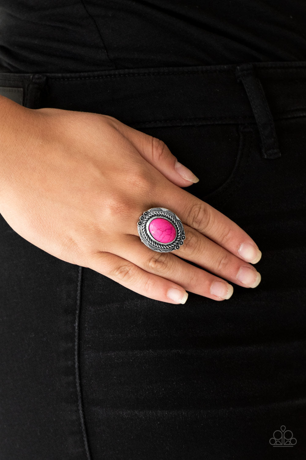 Tumblin Tumbleweeds - Pink and Silver Fashion Ring - Paparazzi Accessories - A vivacious pink stone is pressed into an antiqued silver frame radiating with floral detail for a seasonal look. Features a stretchy band for a flexible fit. Sold as one individual ring.