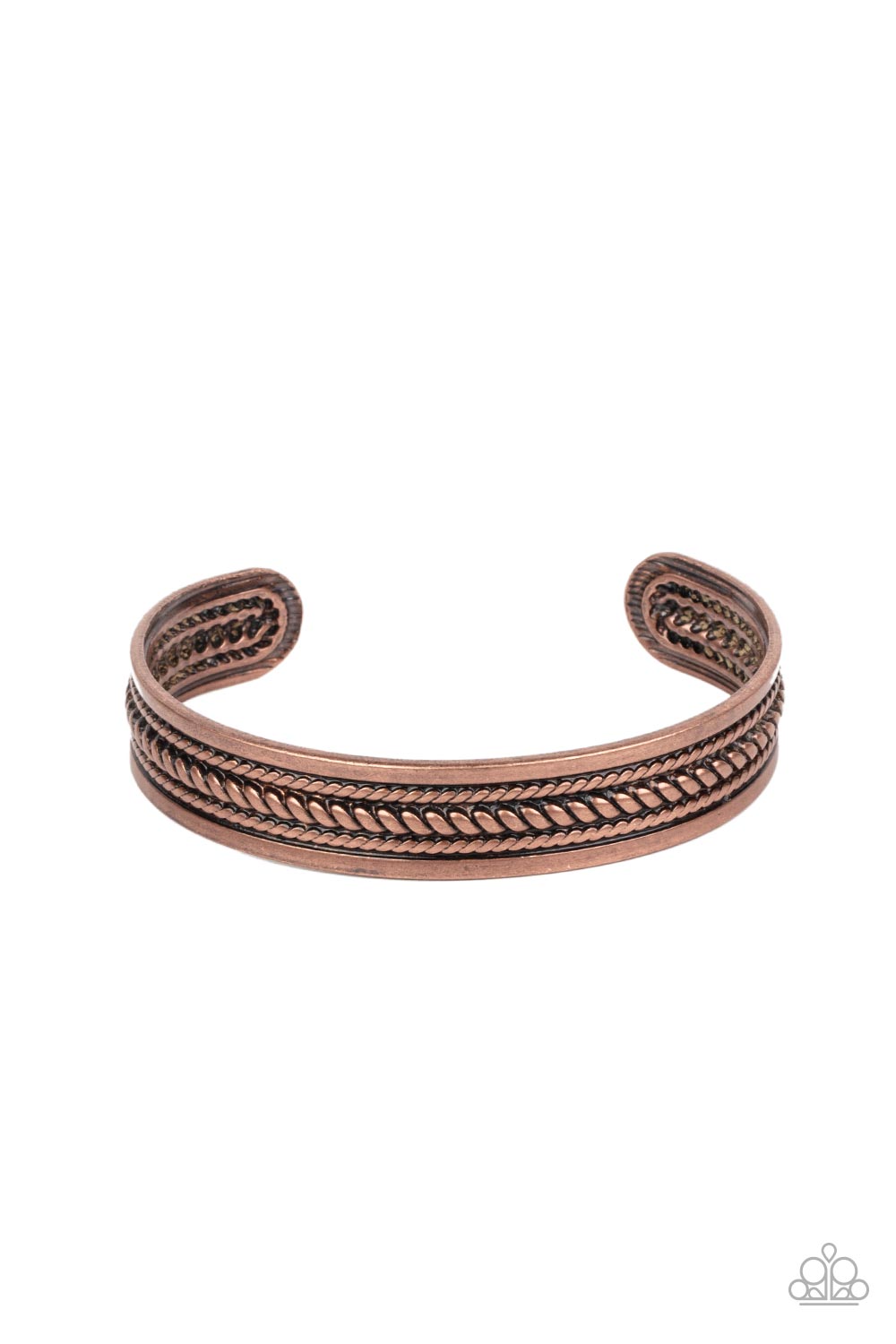 Urban Expedition - Copper Men's Urban Bracelet - Paparazzi Accessories - The center of a rustic copper cuff is embossed in metallic rope-like texture, creating a tribal inspired centerpiece around the wrist. Sold as one individual bracelet.