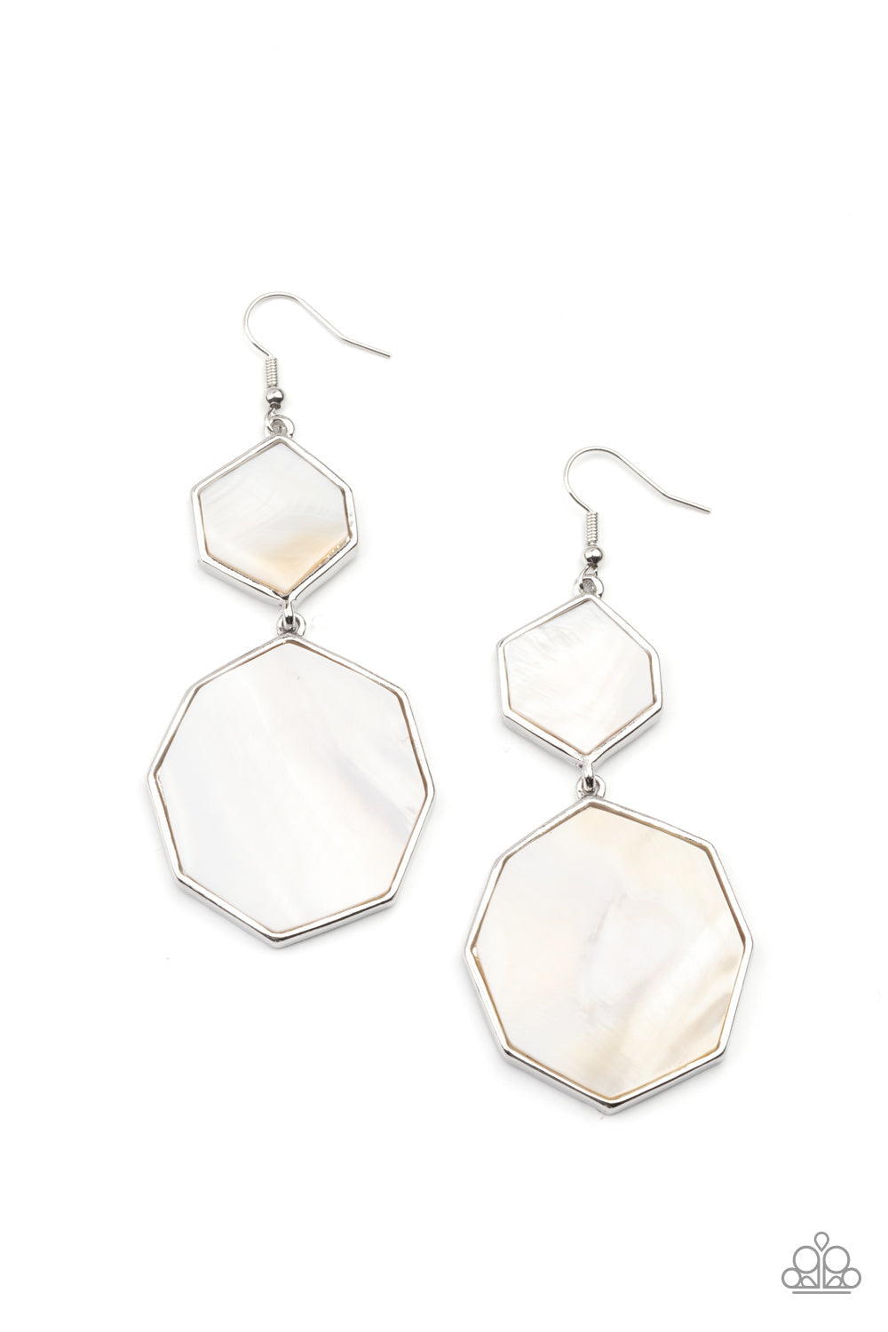 Vacation Glow - White and Silver Earrings - Paparazzi Accessories - Encased in sleek silver frames, white shell-like hexagonal frames link into a whimsical lure. Earring attaches to a standard fishhook fitting.