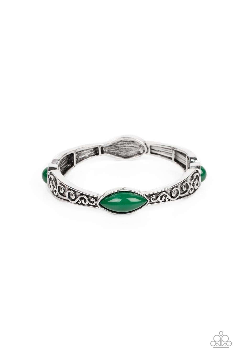 Veranda Variety - Green and Silver Bracelet - Paparazzi Accessories - Dotted with round and marquise green beads, antiqued silver frames that are embossed in a vine-like motif are threaded along stretchy bands around the wrist for a colorful pop of seasonal inspiration.