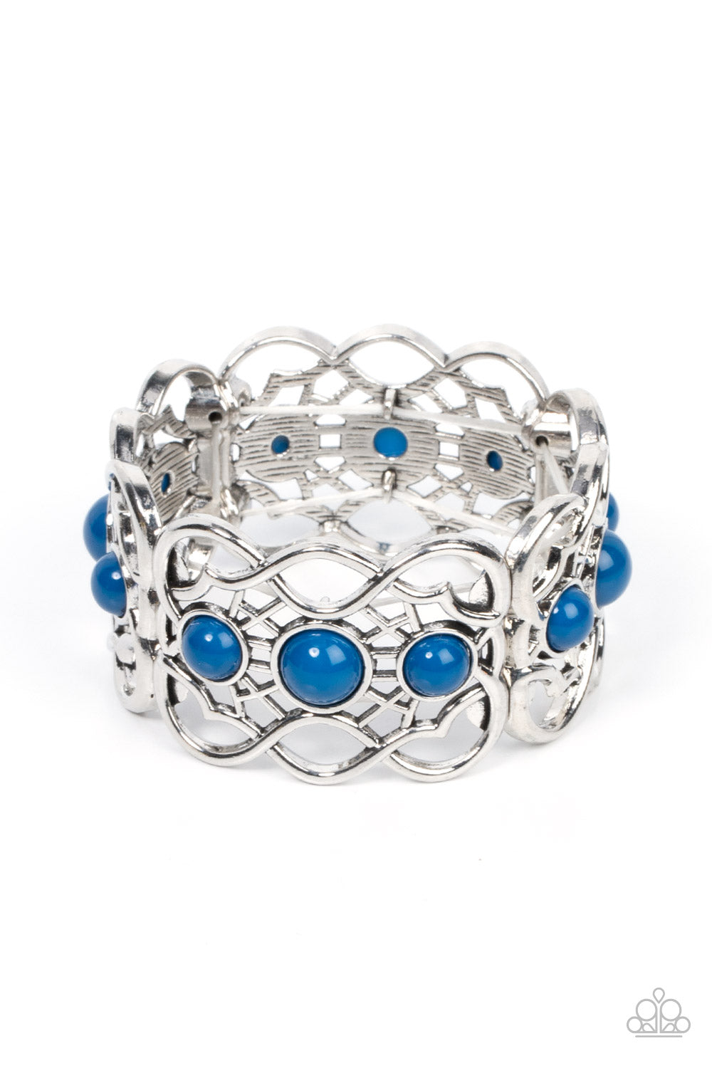 Very Versailles - Blue Mykonos Bracelet - Paparazzi Accessories - A trio of bubbly Mykonos Blue beads adorn the centers of vine-like silver frames that are threaded along a stretchy band around the wrist, creating a whimsical centerpiece.