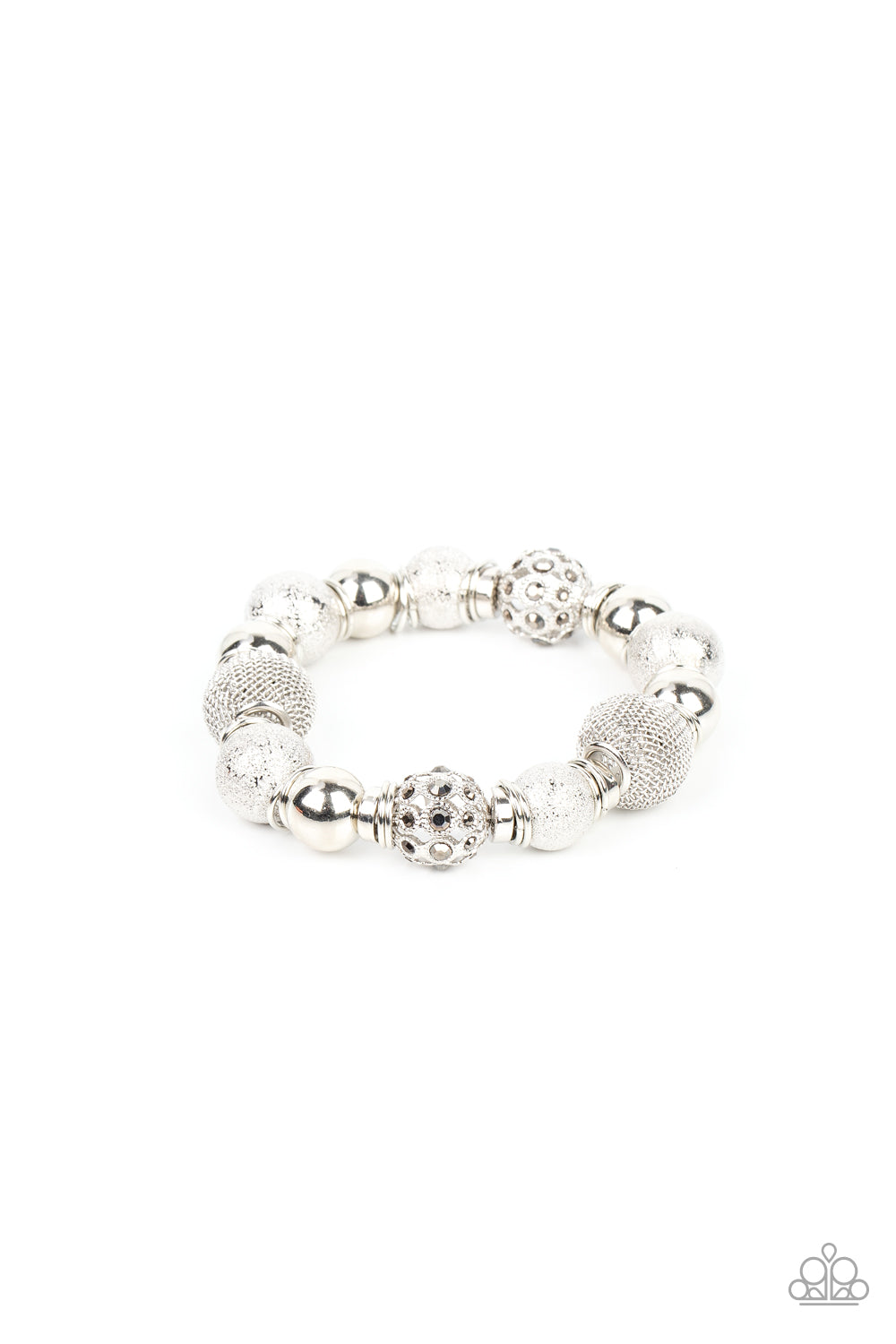 We Totally Mesh - Silver Fashion Bracelet - Paparazzi Accessories - An oversized collection of shimmery silver beads, silver rings, hematite rhinestone dotted accents, and wire mesh beads are threaded along stretchy bands around the wrist for a glitzy finish. Sold as one individual bracelet.