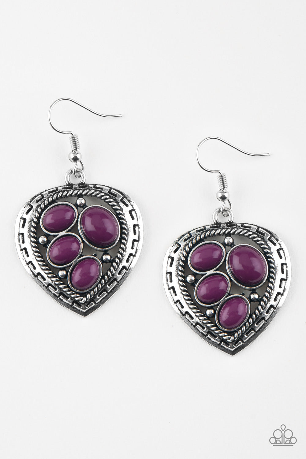 Wild Heart Wonder - Purple and Silver Fashion Earrings - Paparazzi Accessories - Polished purple beads are sprinkled across the center of an asymmetrical heart-shaped frame for a whimsical stylish fashion earrings. Fishhook fitting earrings.