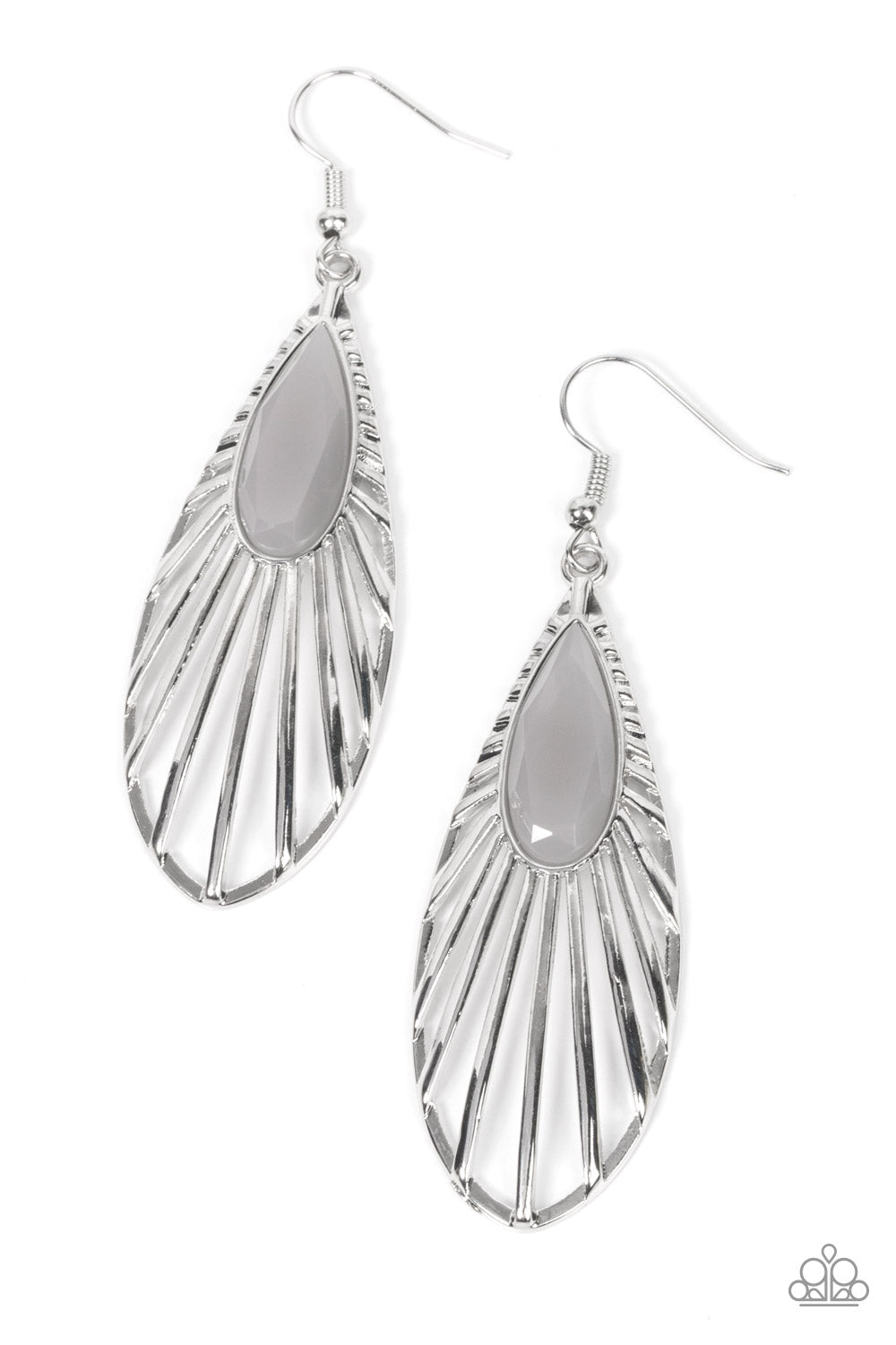 WING-A-Ding-Ding - Silver Earrings - Paparazzi Accessories - Reminiscent of a butterfly wing, shiny silver bars flare out from an opaque gray teardrop bead and delicately connect into a whimsical frame. Earring attaches to a standard fishhook fitting. Sold as one pair of earrings.